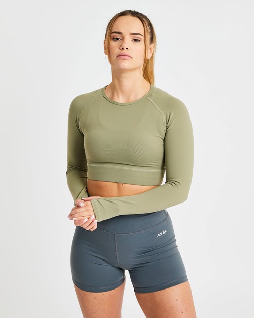 AYBL Core Long Sleeve Crop Top Olivovo Zelená | 39VEHILPY