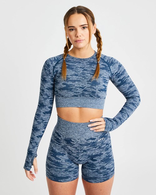 AYBL Evolve Camo Seamless Long Sleeve Crop Top Teal | 01RIUBCMQ