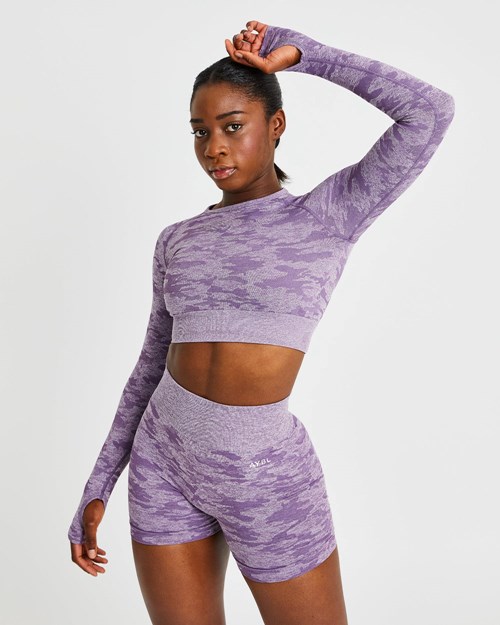 AYBL Evolve Camo Seamless Long Sleeve Crop Top Plum | 70ECJNHKY