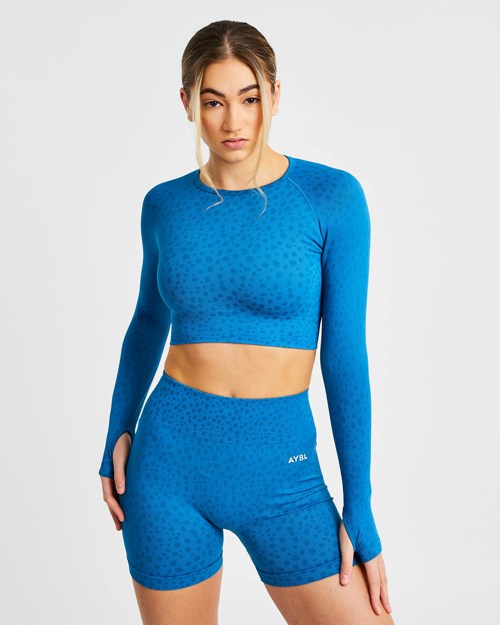 AYBL Evolve Speckle Seamless Long Sleeve Crop Top Modre | 28JMFOZXB