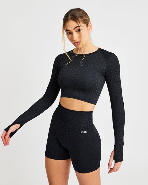 AYBL Evolve Speckle Seamless Long Sleeve Crop Top Čierne | 92NUYBFMS