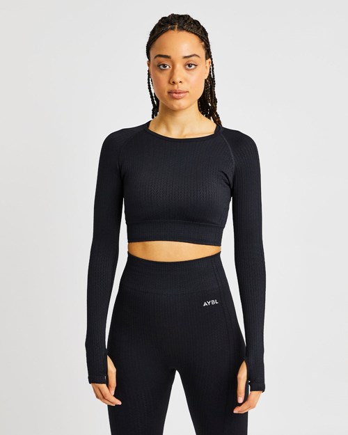 AYBL Luxe Seamless Long Sleeve Crop Top Čierne | 02DEYNUML