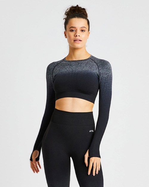 AYBL Pulse Ombré Seamless Long Sleeve Crop Top Black/Grey | 42QTCKIAW