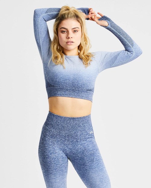 AYBL Pulse Ombré Seamless Long Sleeve Crop Top Námornícka Modrá | 47CPAUVQS