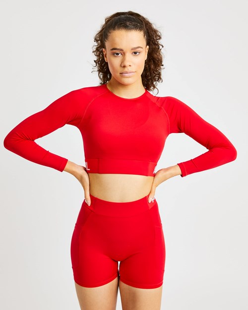 AYBL Tréningová Long Sleeve Crop Top Červené | 43HWKDMPN