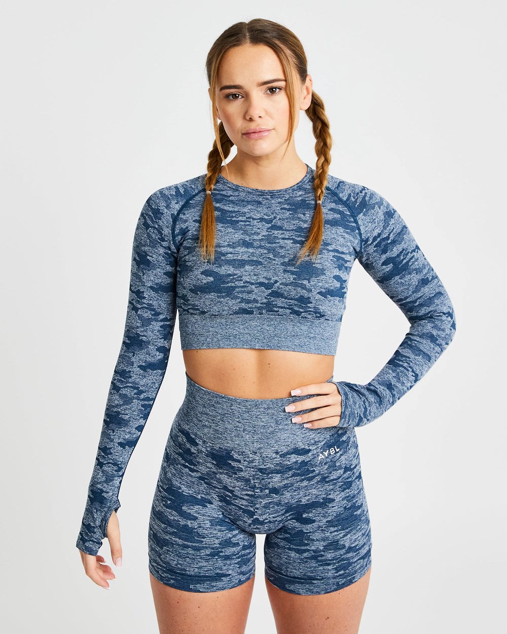 AYBL Evolve Camo Seamless Long Sleeve Crop Top Teal | 01RIUBCMQ