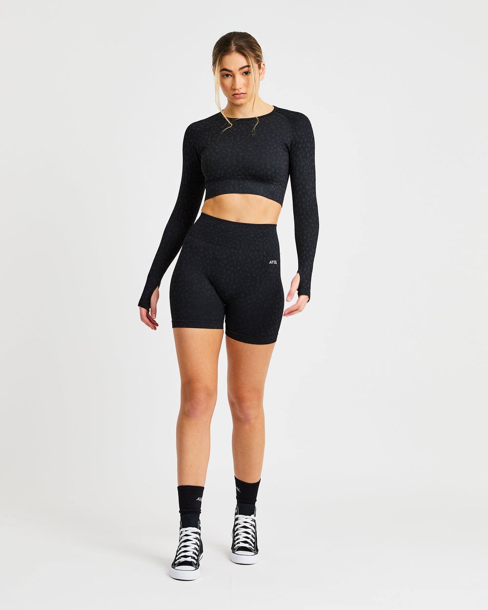 AYBL Evolve Speckle Seamless Long Sleeve Crop Top Čierne | 07DZAVRGE