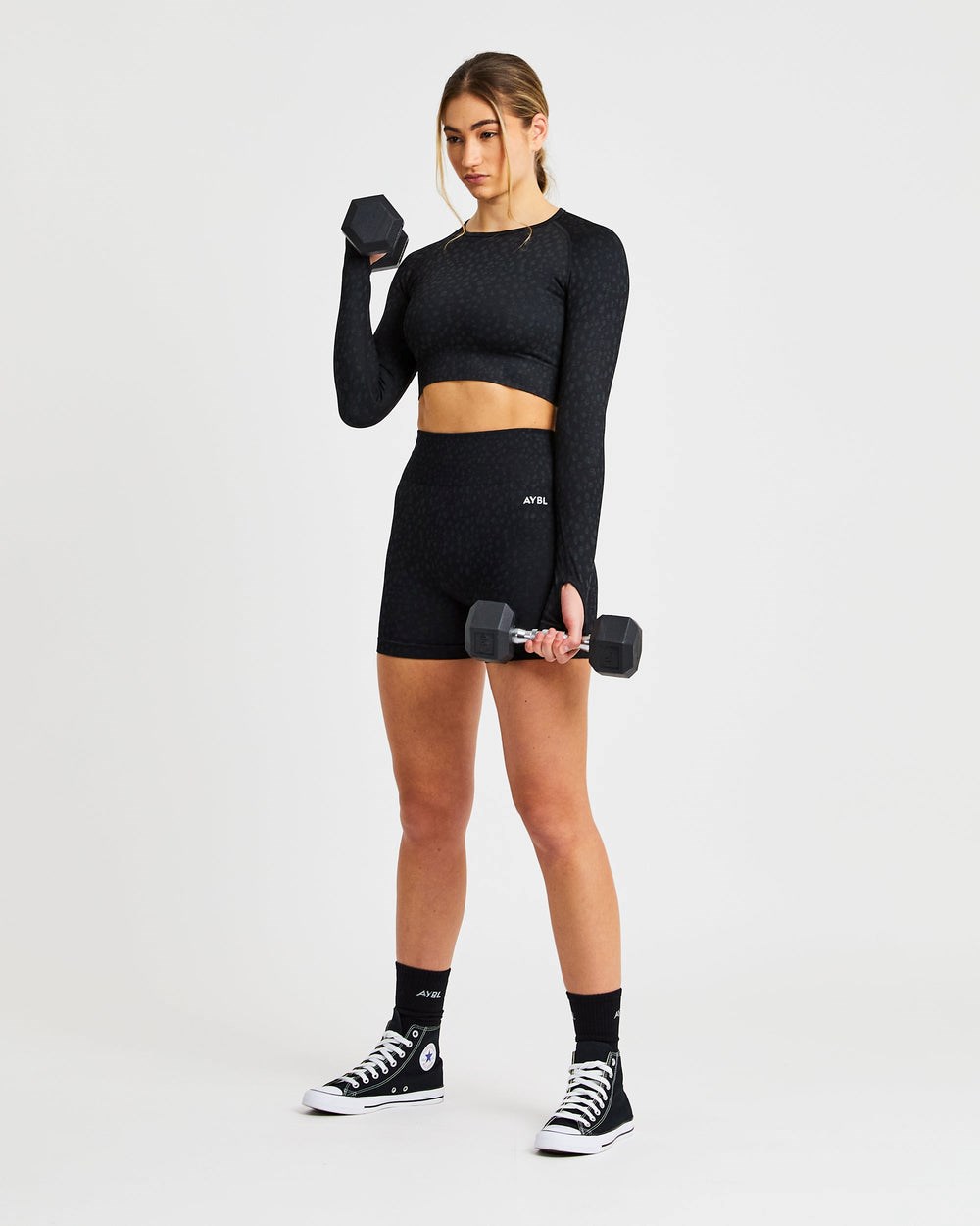 AYBL Evolve Speckle Seamless Long Sleeve Crop Top Čierne | 07DZAVRGE