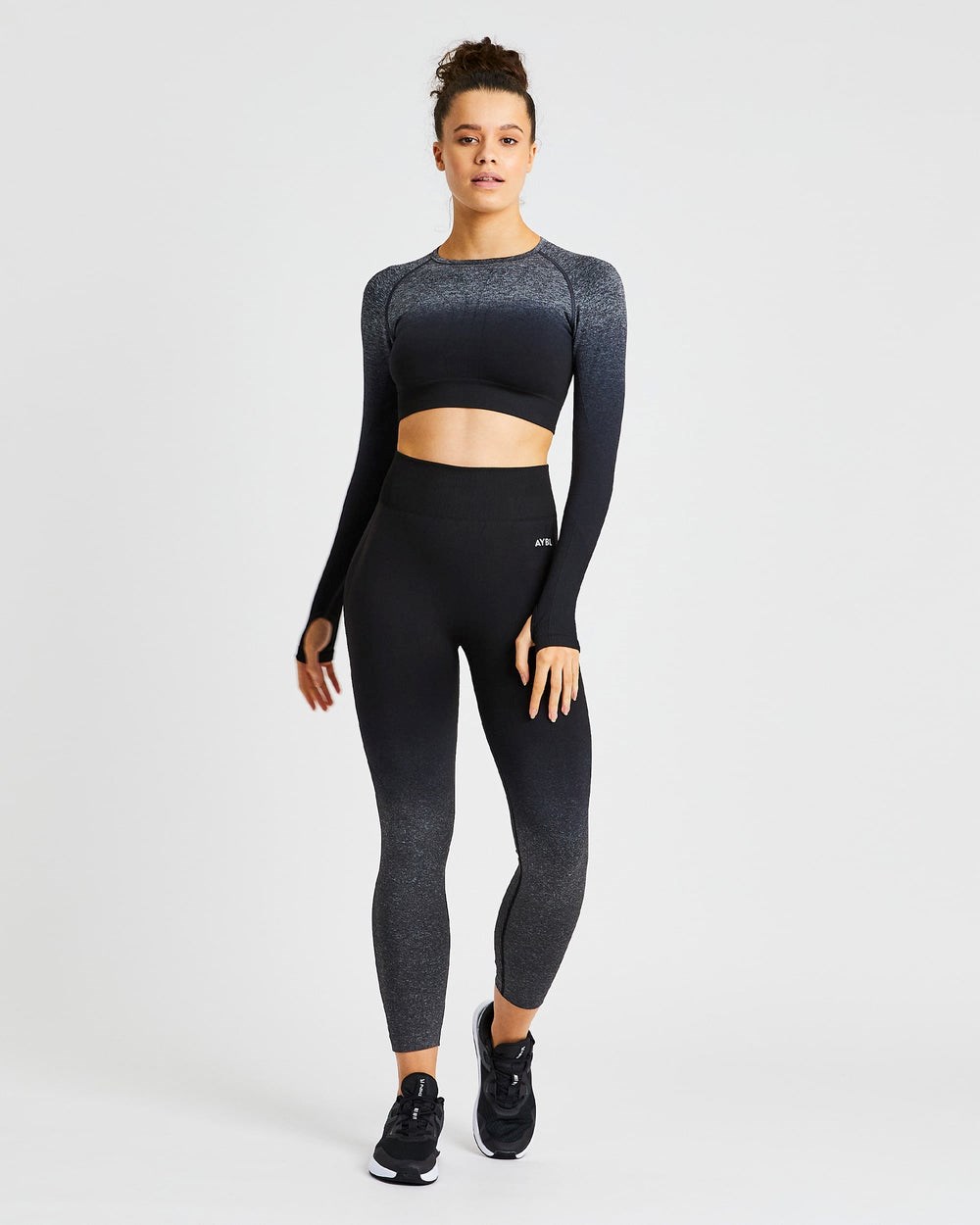 AYBL Pulse Ombré Seamless Long Sleeve Crop Top Black/Grey | 62HLMTXFQ