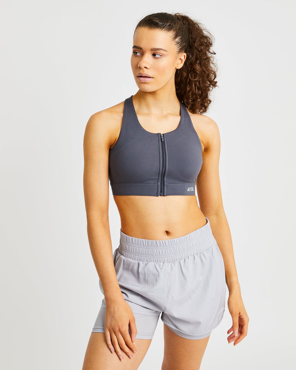 AYBL Sportive Zip Up Sports Bra Charcoal | 58RNVEIZH